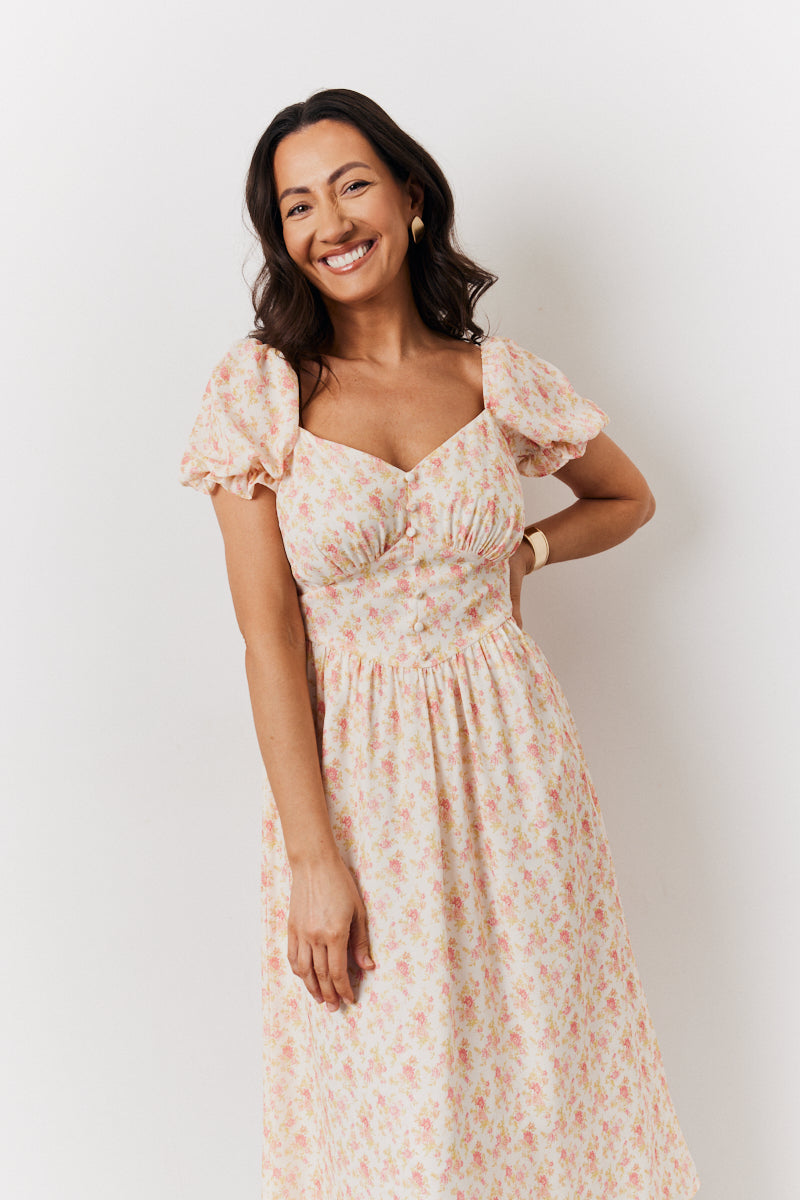 Floral Puff Sleeve Milkmaid Midi Dress