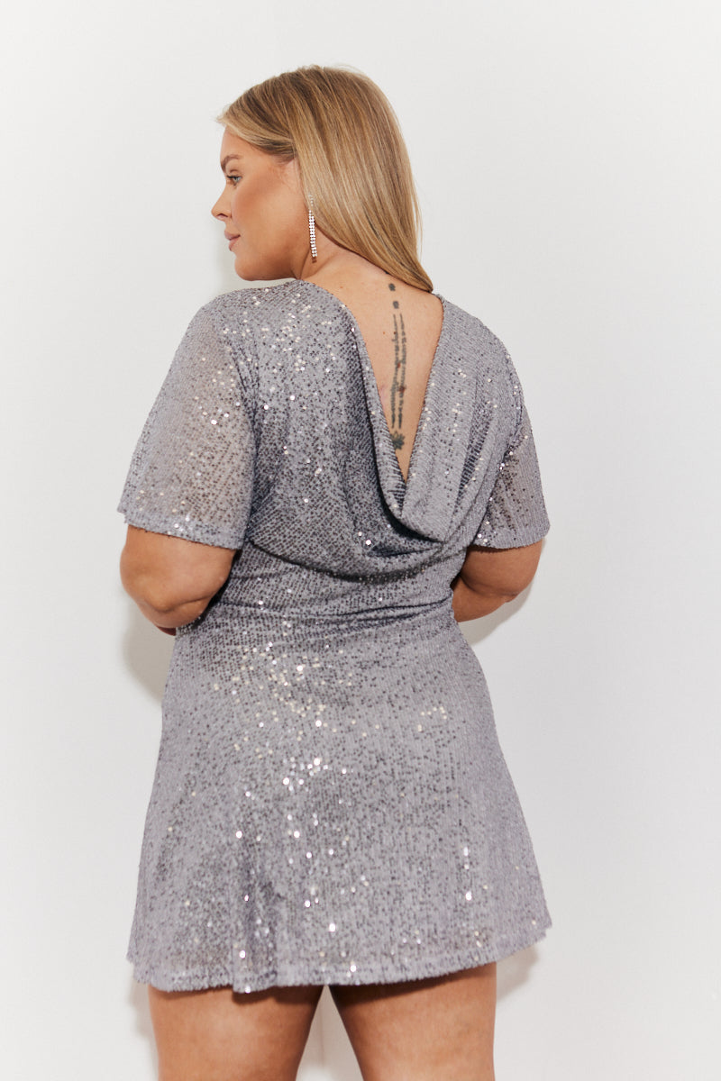 Flutter Sleeve Cowl Back Sequin Mini Dress