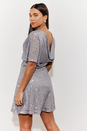 Flutter Sleeve Cowl Back Sequin Mini Dress