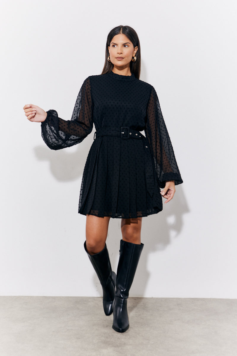 Black Dobby Belted Pleated Skater Dress