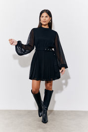 Black Dobby Belted Pleated Skater Dress
