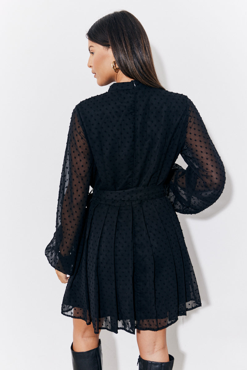 Black Dobby Belted Pleated Skater Dress