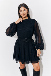 Black Dobby Belted Pleated Skater Dress