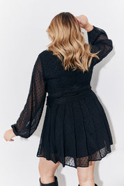 Black Dobby Belted Pleated Skater Dress