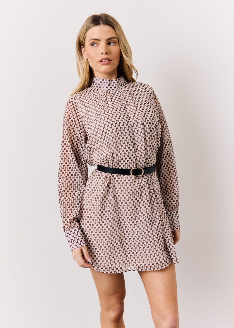 Cream Geometric Print Chiffon High Neck Mini Swing Dress