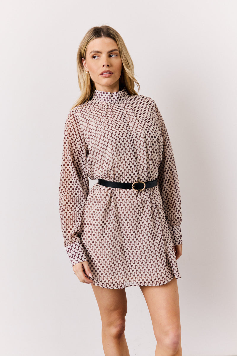 Cream Geometric Print Chiffon High Neck Mini Swing Dress