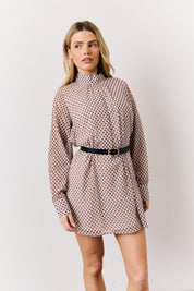 Cream Geometric Print Chiffon High Neck Mini Swing Dress