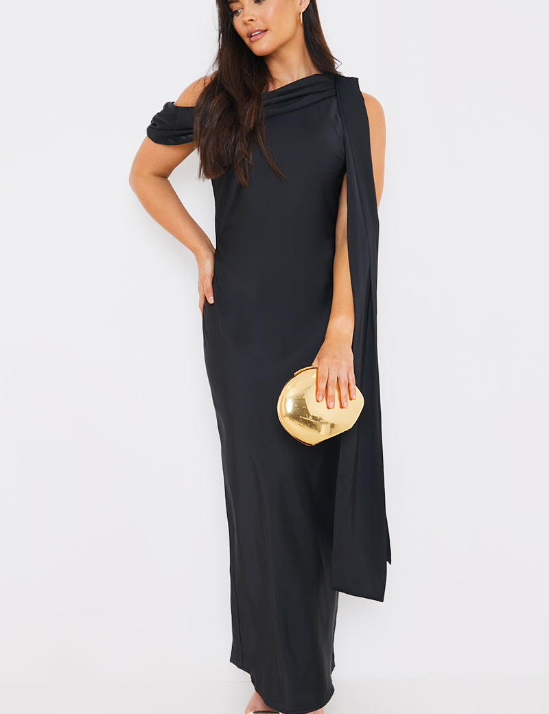 Satin Asymmetric Draped Neckline Maxi Dress