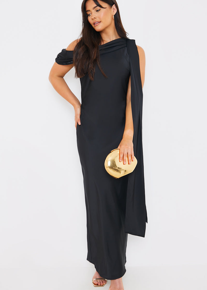 Satin Asymmetric Draped Neckline Maxi Dress