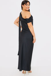 Satin Asymmetric Draped Neckline Maxi Dress