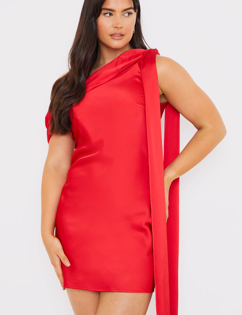 Satin Asymmetric Draped Neckline Mini Dress