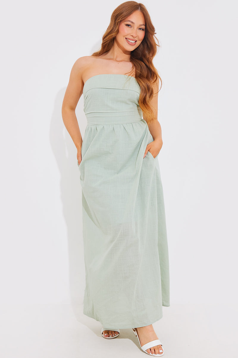 in the style In The Style Bandeau Linen Look Midi Dress Sage | Clothing