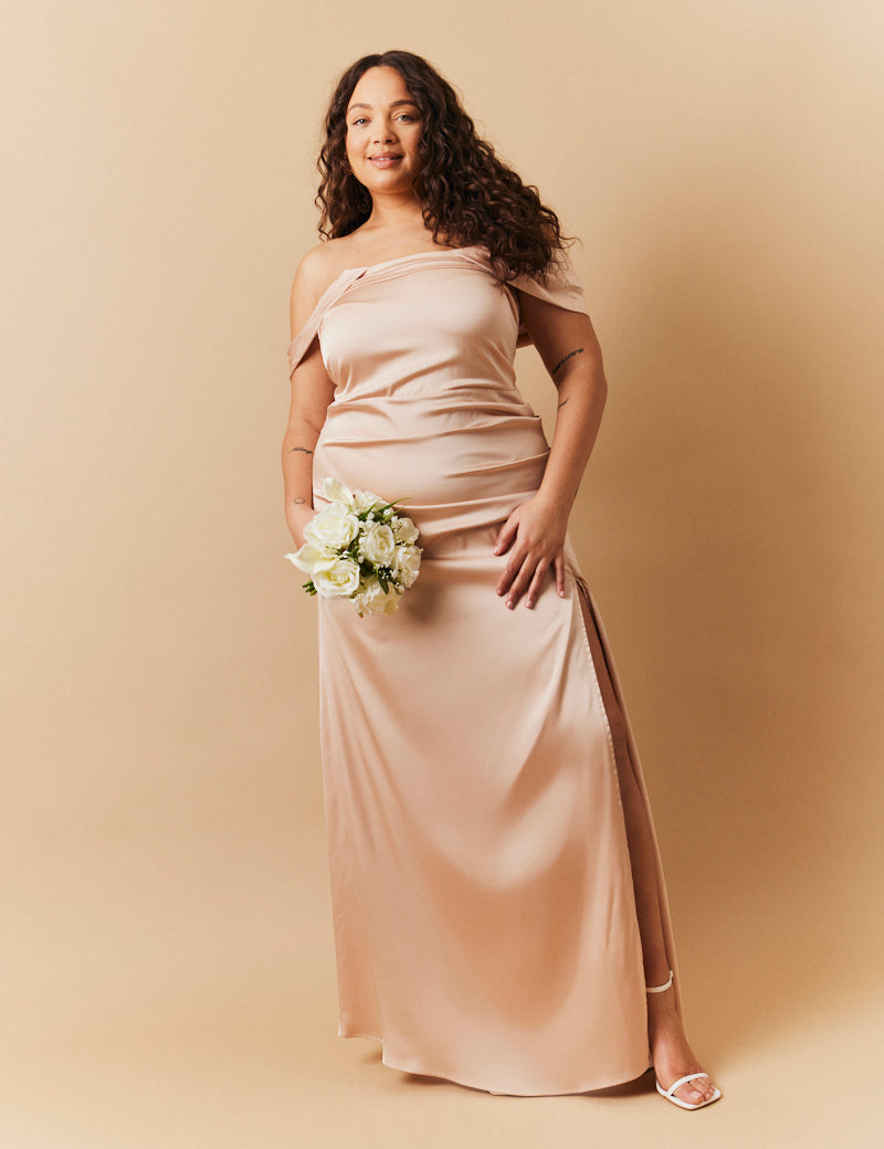 Light Gold Satin Bardot Ruched Maxi Dress
