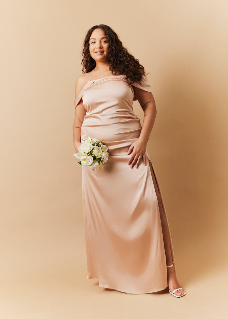 Light Gold Satin Bardot Ruched Maxi Dress