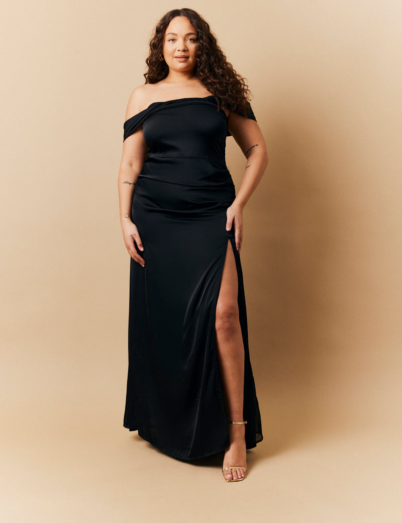 Black Satin Bardot Ruched Maxi Dress