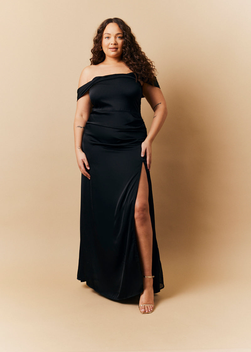 Black Satin Bardot Ruched Maxi Dress