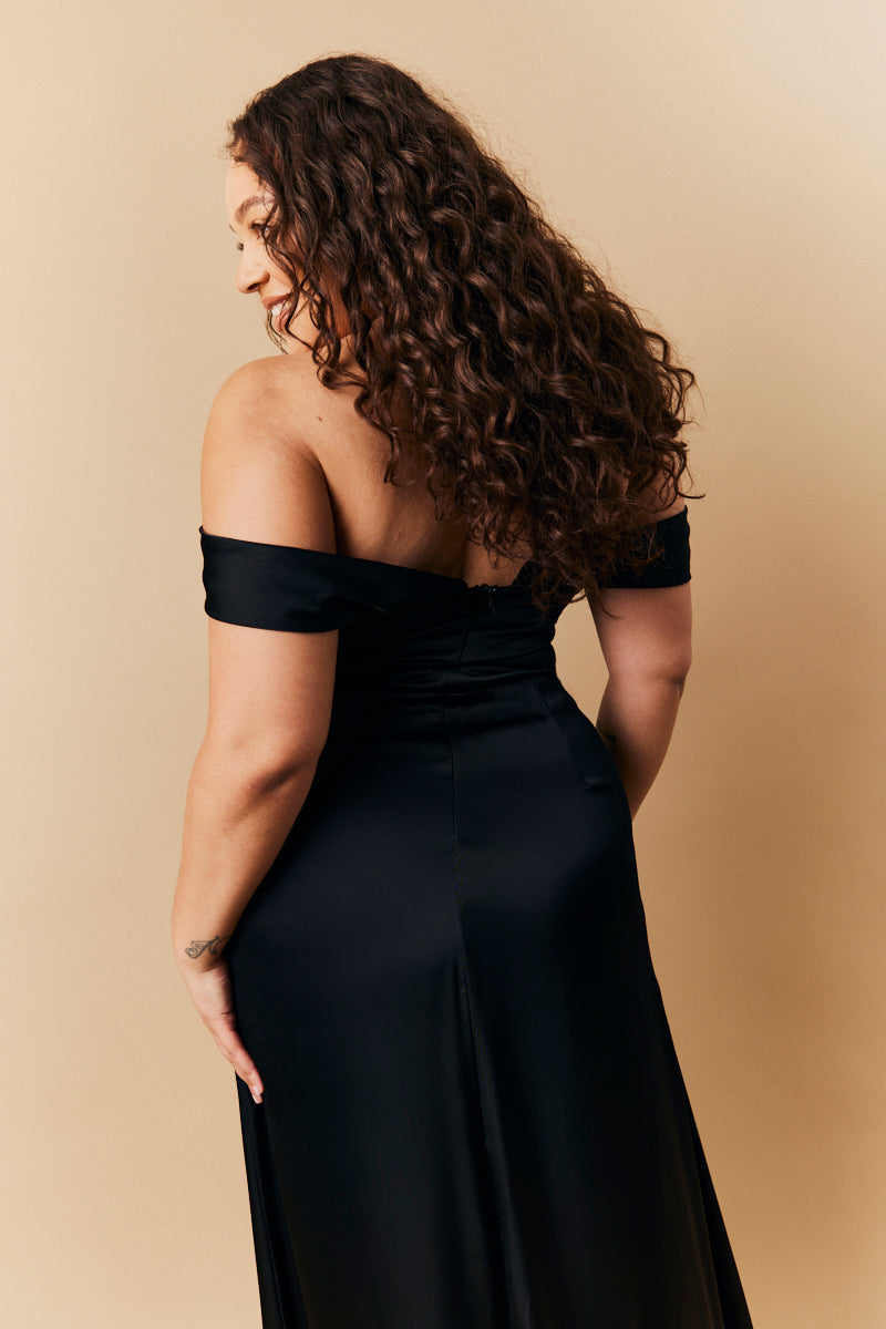 black bardot dress Black Satin Bardot Ruched Maxi Dress – InTheStyle
