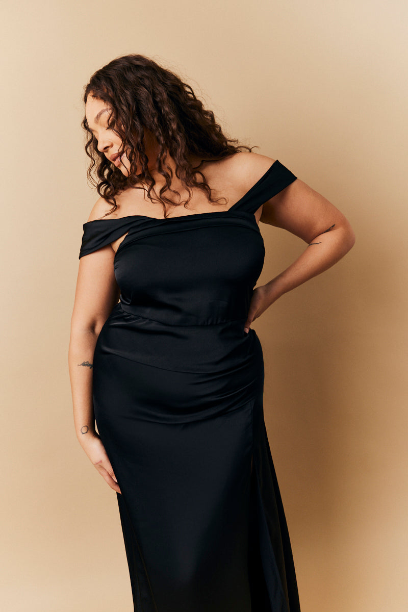 black bardot dress Black Satin Bardot Ruched Maxi Dress – InTheStyle