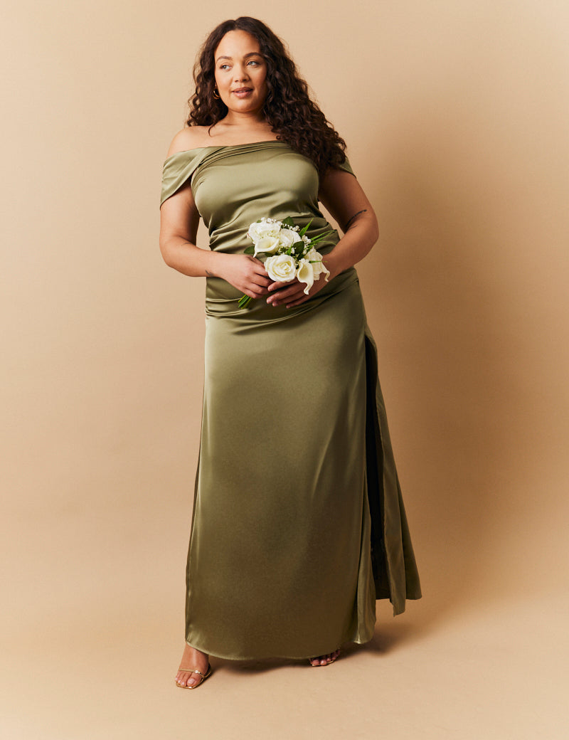 Olive Satin Bardot Ruched Maxi Dress
