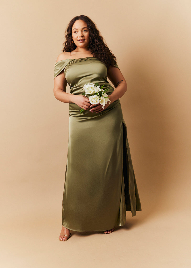 Olive Satin Bardot Ruched Maxi Dress
