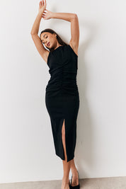 Black Bengaline Ruched Midi Dress