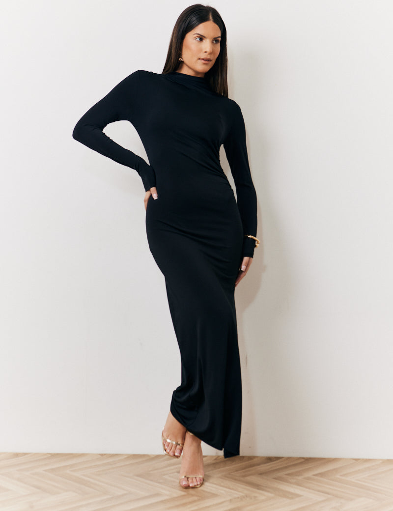 Its Draped High Neck Dress Black