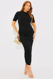 Acetate Slinky Ruched High Neck Midi Dress