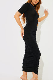 Acetate Slinky Ruched High Neck Midi Dress