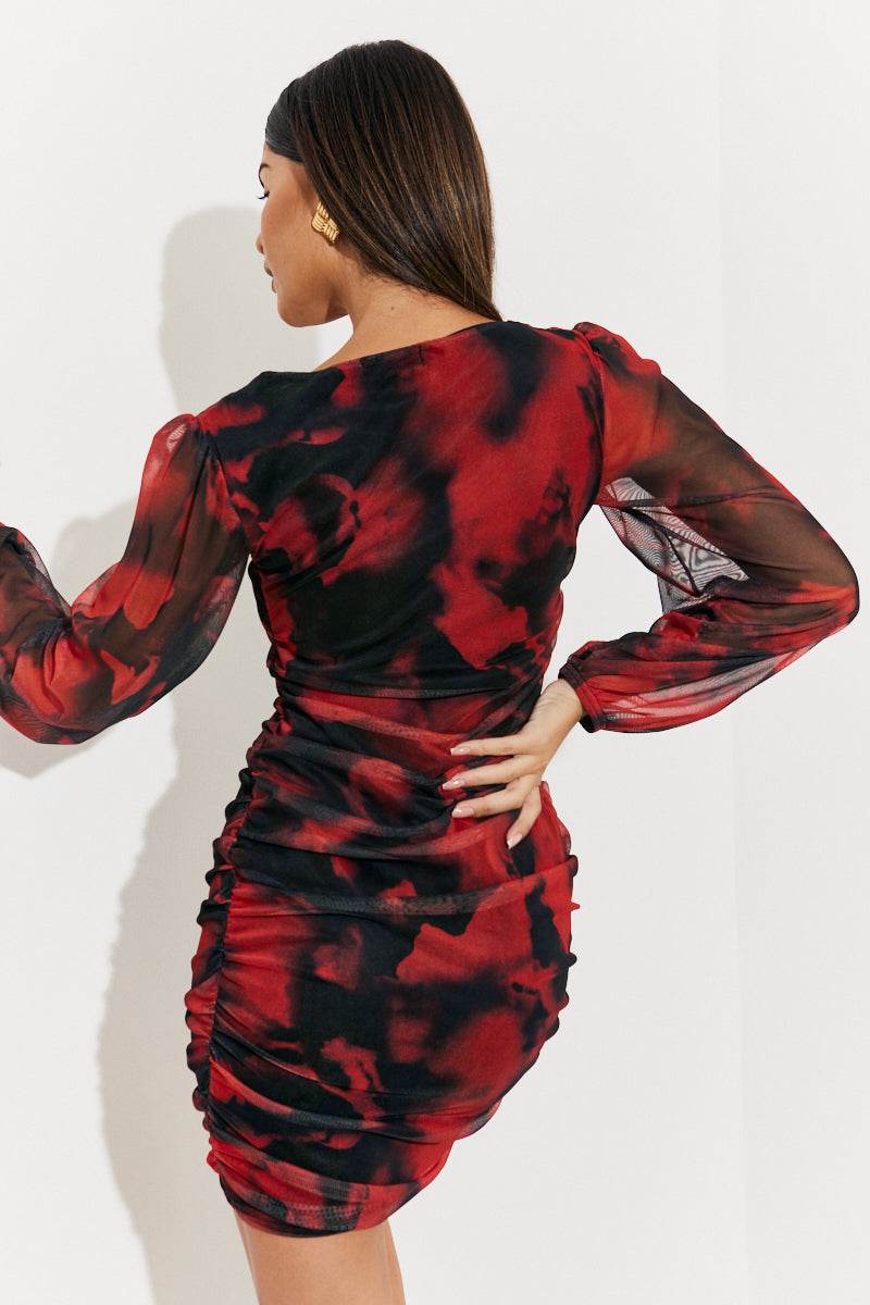 Abstract Print Ruched Mesh Mini Dress - InTheStyle