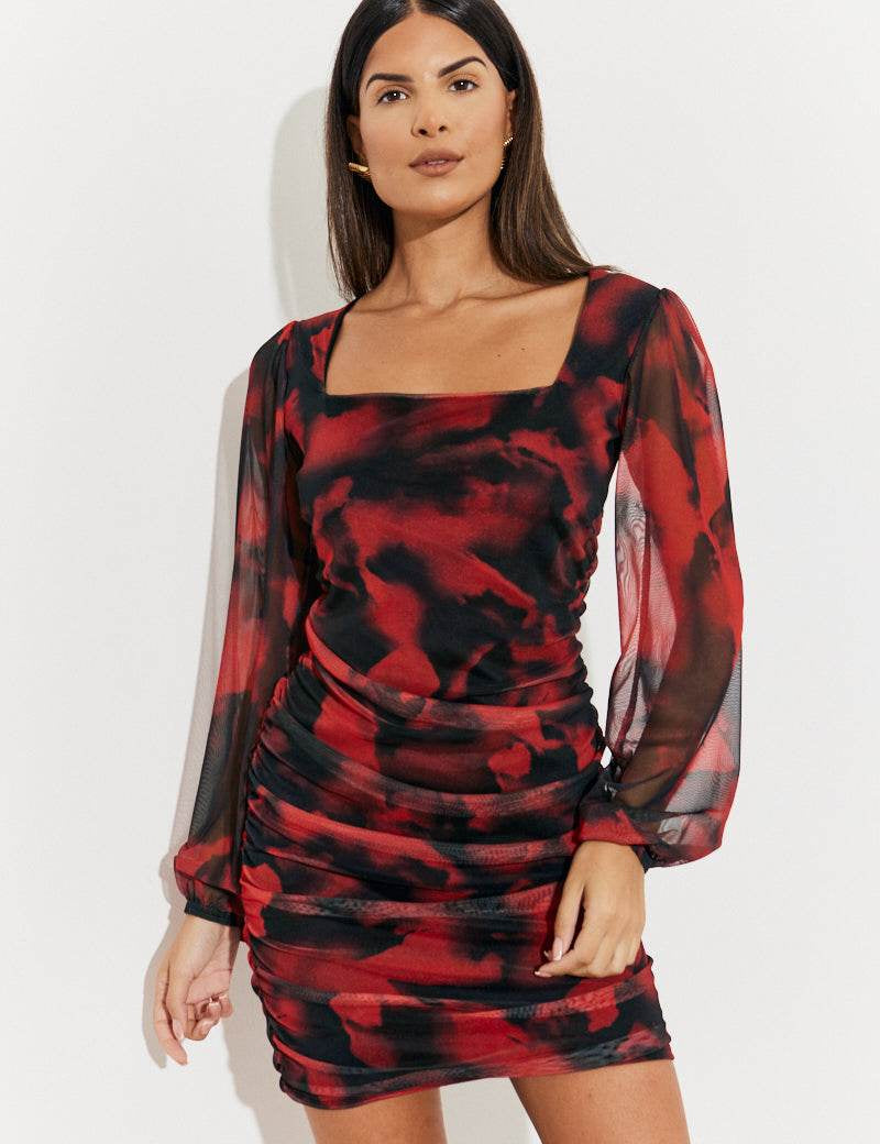 Abstract Print Ruched Mesh Mini Dress - InTheStyle