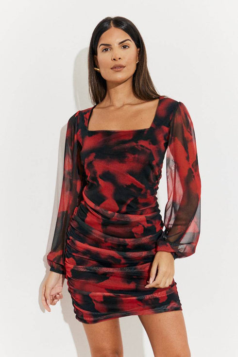 Brown Abstract Print Ruched Front Mini Dress - Vara
