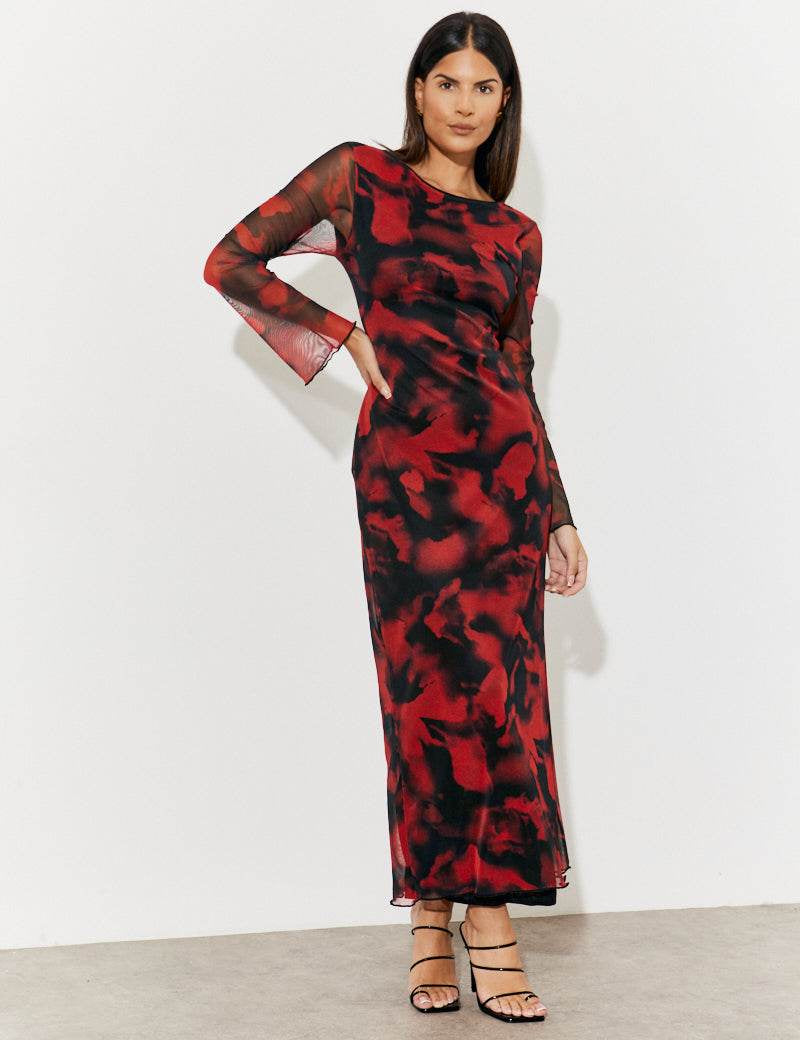 Abstract Print Mesh Open Back Detail Maxi Dress