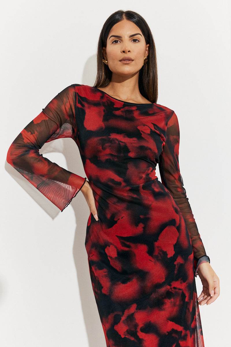 Abstract Print Mesh Open Back Detail Maxi Dress - InTheStyle