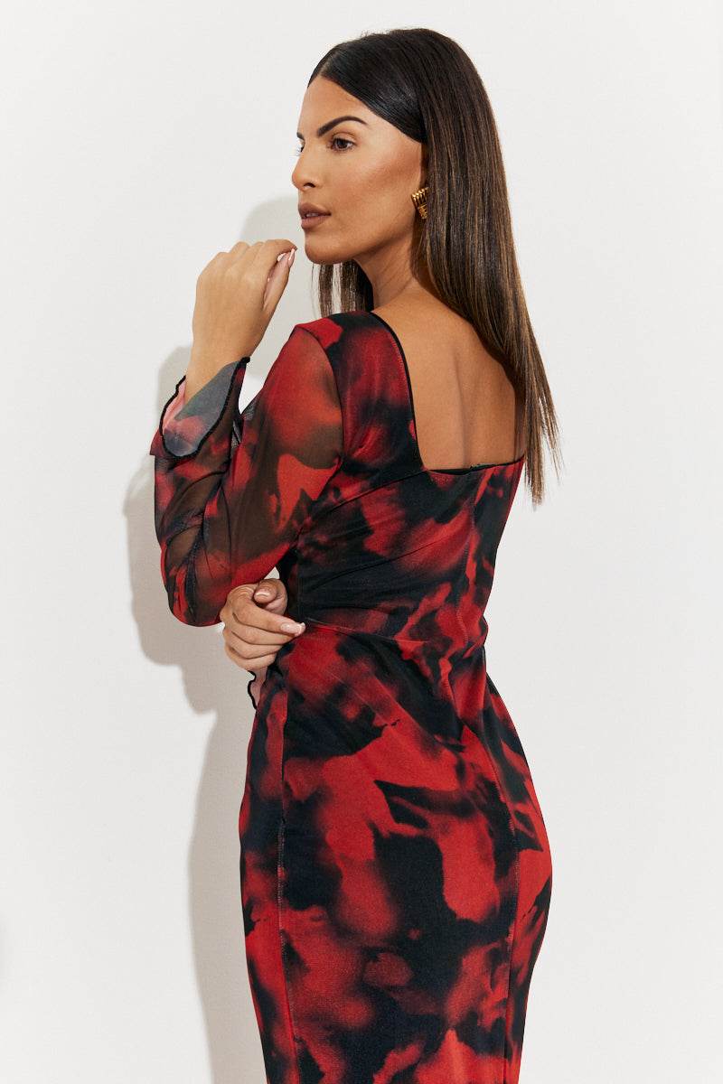 Abstract Print Mesh Open Back Detail Maxi Dress - InTheStyle