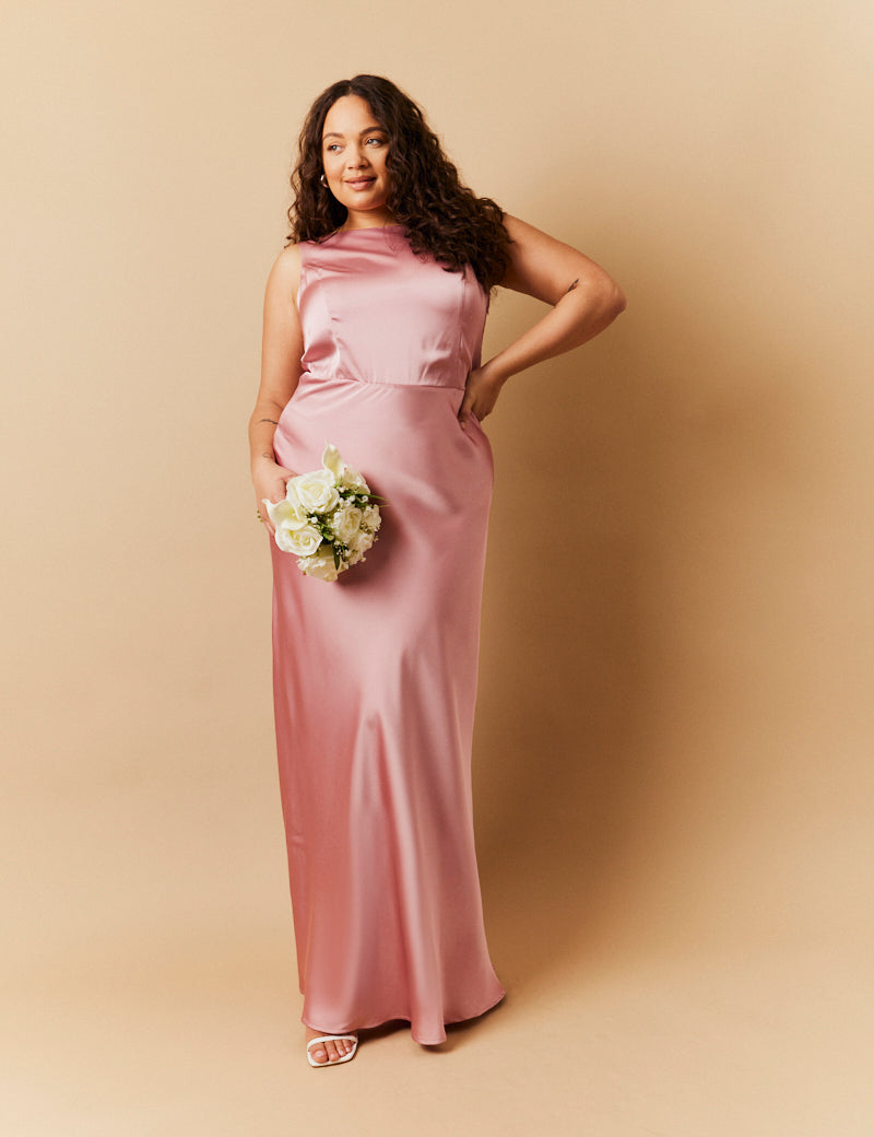 Rose Pink Satin Cowl Back Maxi Dress