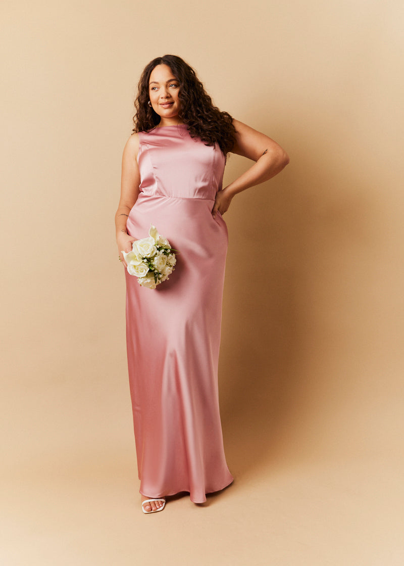 Rose Pink Satin Cowl Back Maxi Dress