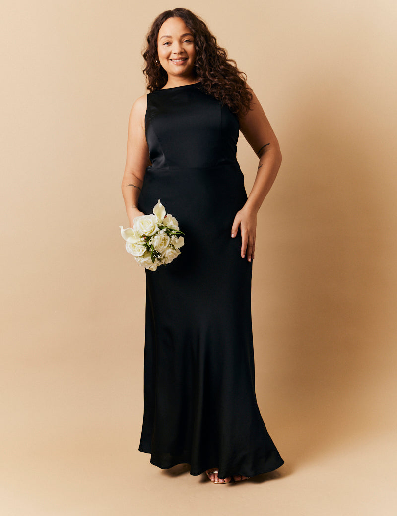 Black Satin Cowl Back Maxi Dress