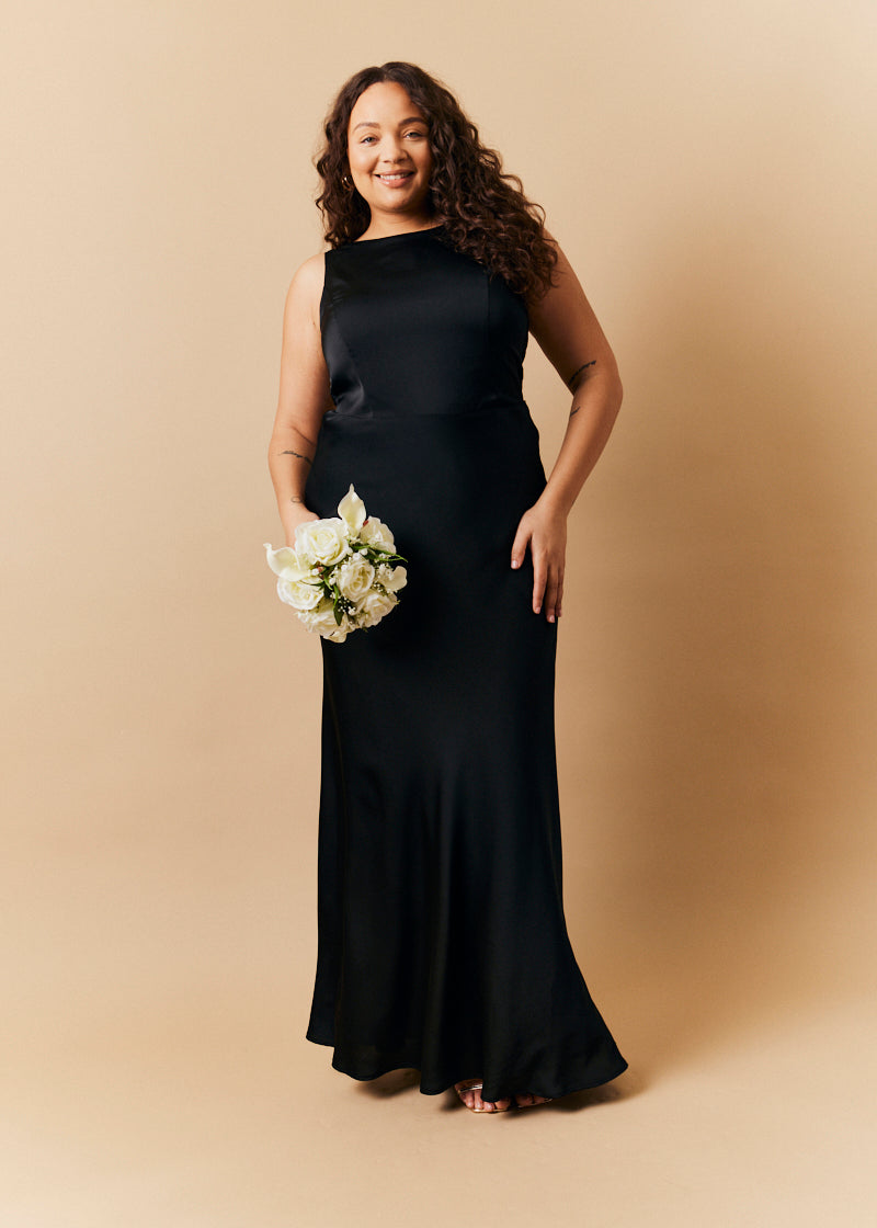 Black Satin Cowl Back Maxi Dress