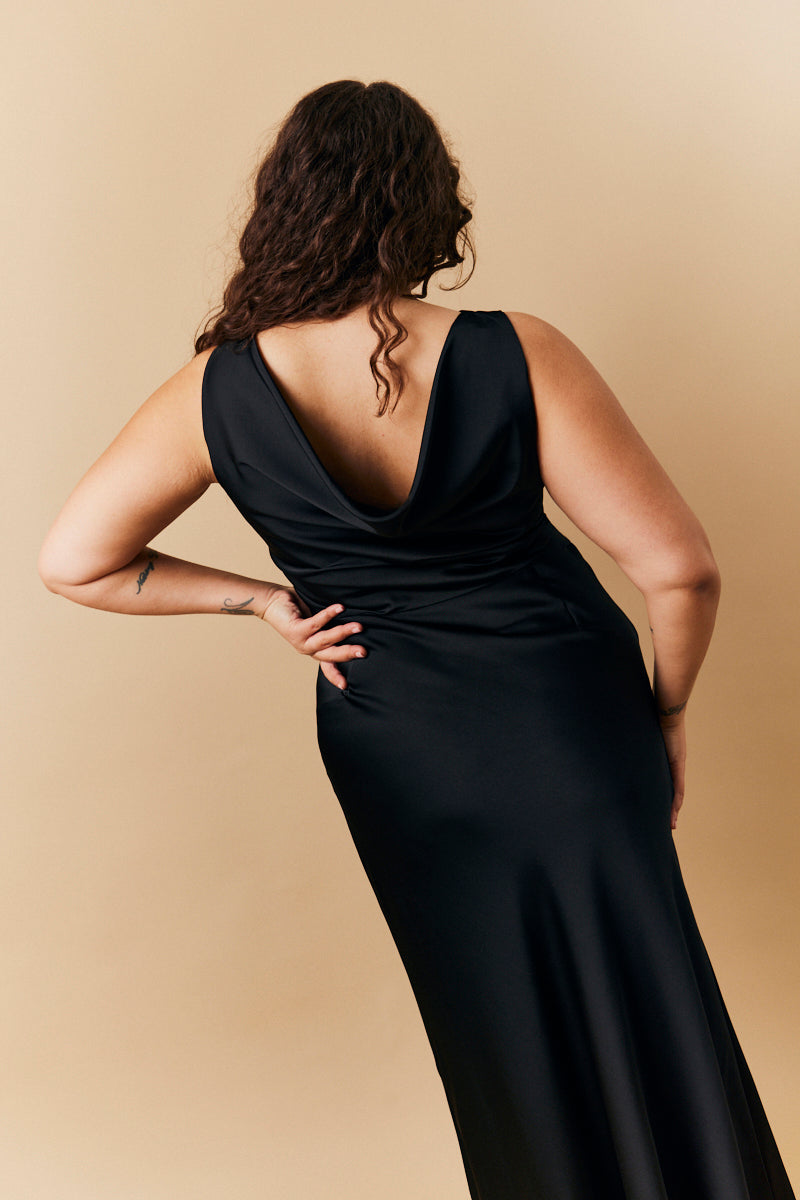 black satin cowl back dress SATIN BIAS COWL BACK MAXI | BLACK THIRD FORM