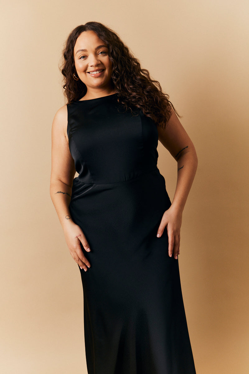 Black Satin Cowl Back Maxi Dress