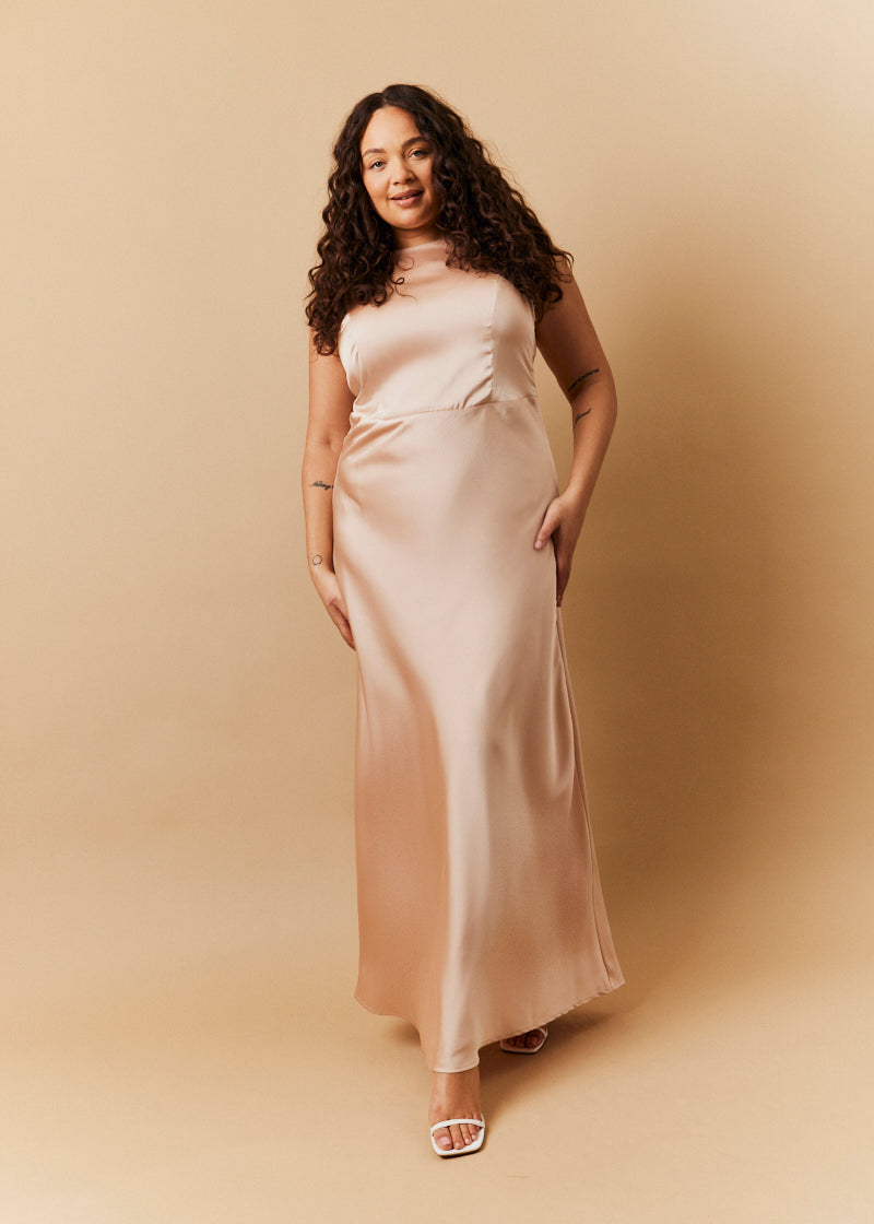 Light Gold Satin Cowl Back Maxi Dress