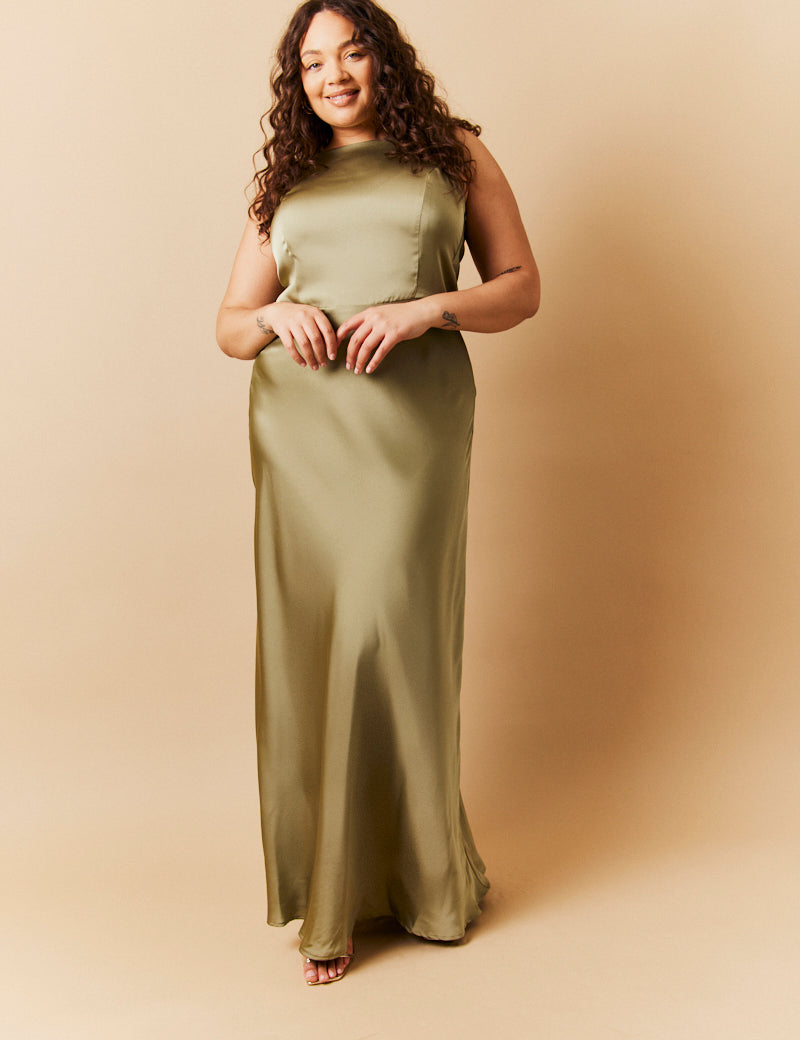 Olive Satin Cowl Back Maxi Dress