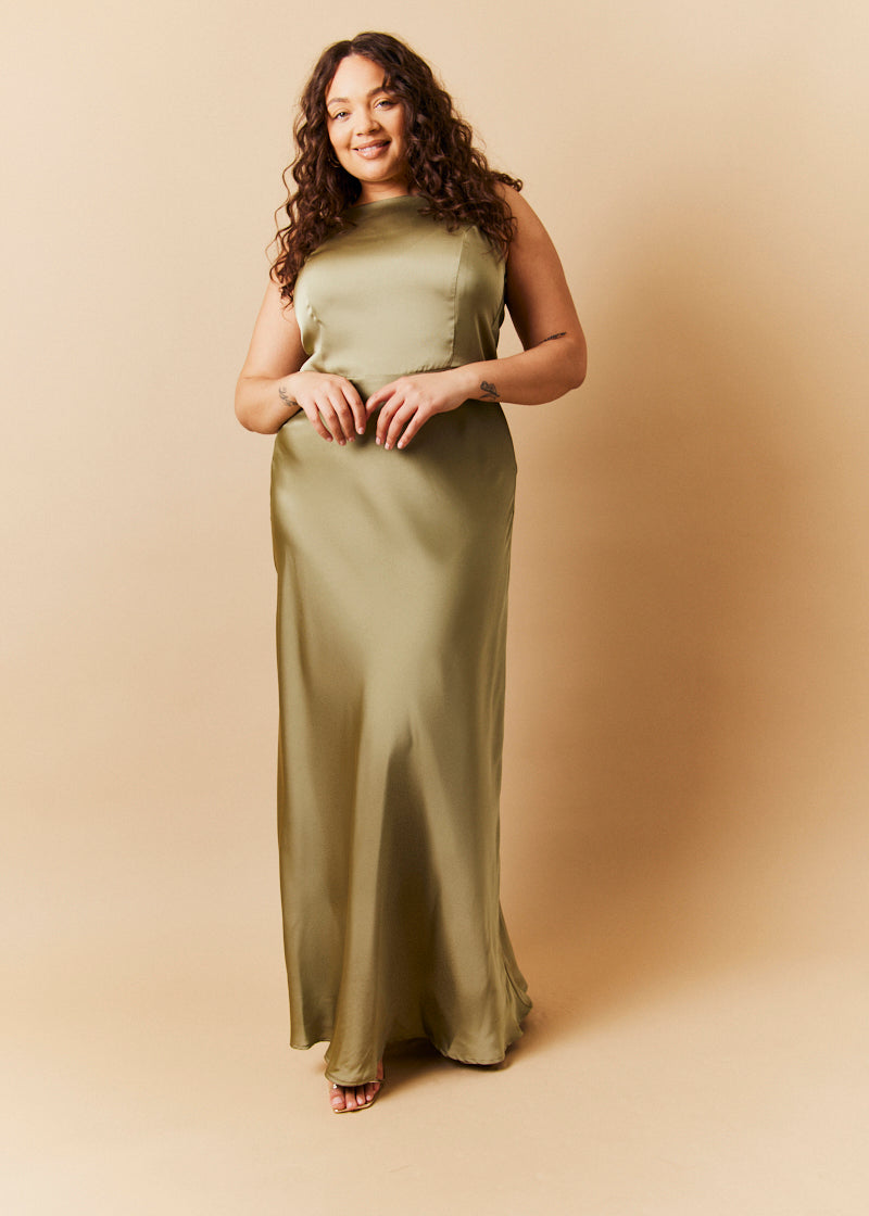 Olive Satin Cowl Back Maxi Dress