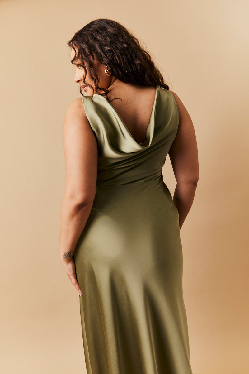 Olive Satin Cowl Back Maxi Dress InTheStyle Olive Satin Cowl Back Maxi Dress InTheStyle