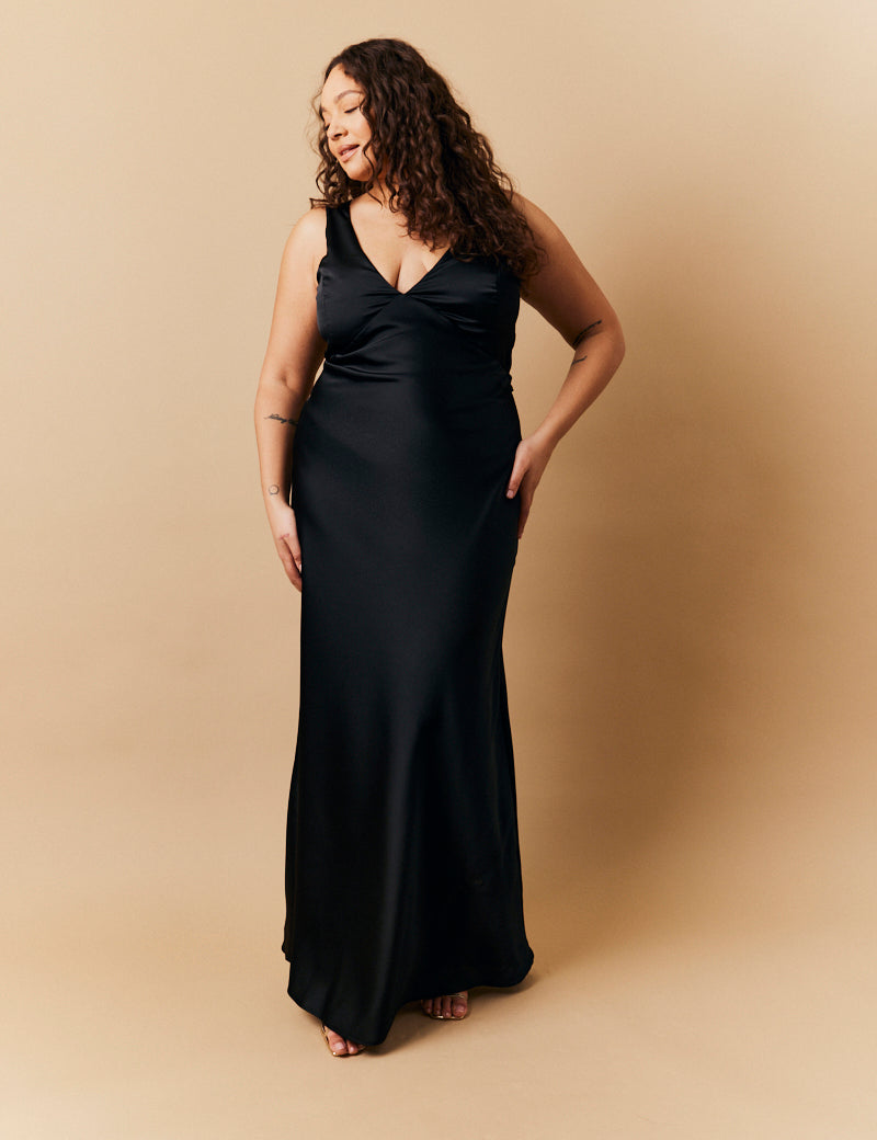 Black Satin Twist Back Maxi Dress