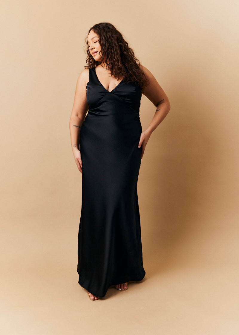 Black Satin Twist Back Maxi Dress