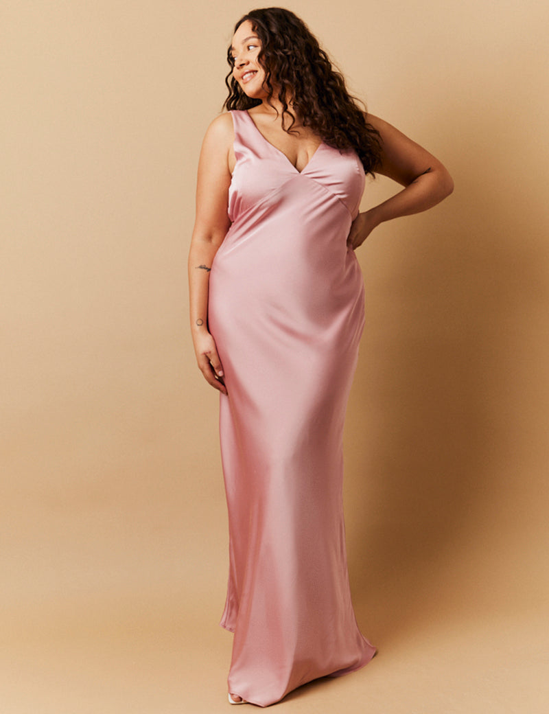 Rose Pink Satin Twist Back Maxi Dress