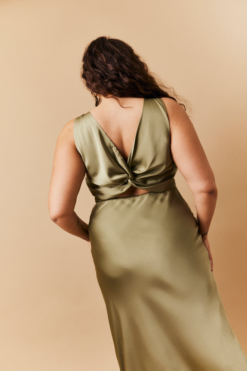 twist back bridesmaid dress Sage Coast Lace Twist Back Bridesmaid Maxi Dress