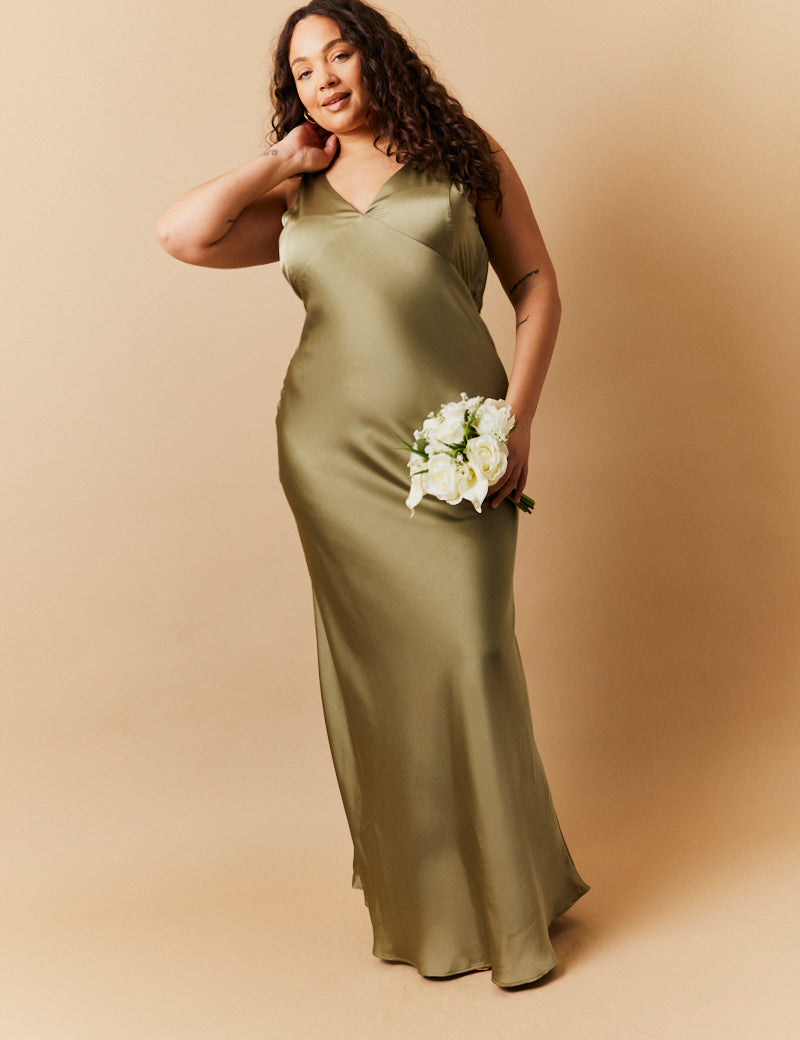 Olive Satin Twist Back Maxi Dress