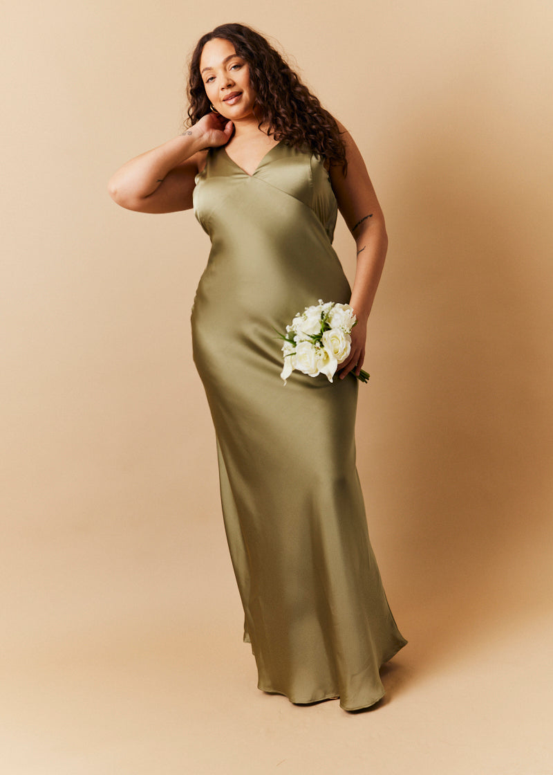 Olive Satin Twist Back Maxi Dress